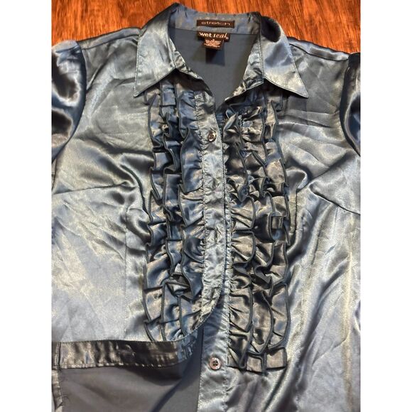 y2k wet seal mob style short sleeve button up blue ruffles fancy collared sz s - Picture 3 of 8